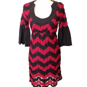 Judith Marsh Size Large Red & Black Crocheted Lace Bell Sleeve Dress